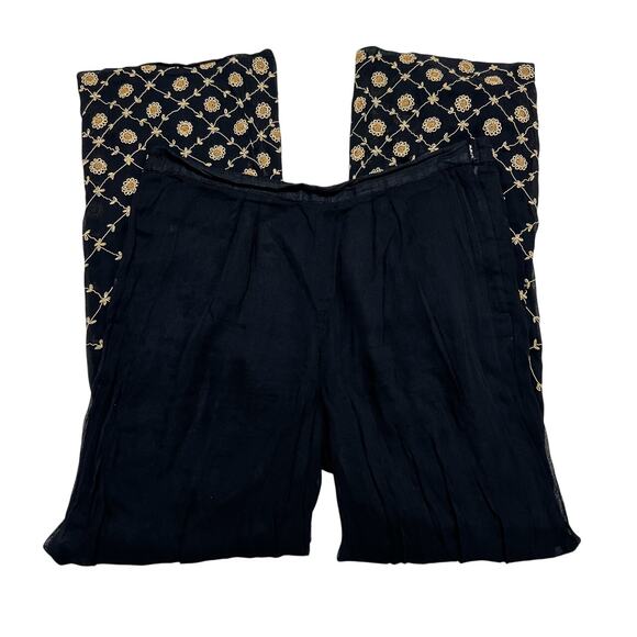 Mesh Floral Embroidered Salwar Pants Sheer Mesh Black Tan Elastic Waist Bohemian - Picture 4 of 6